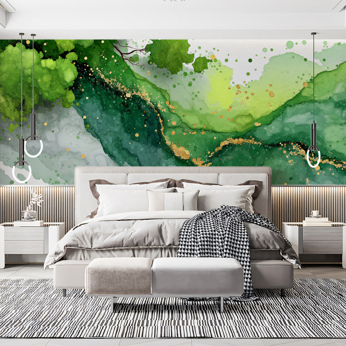 Green Geode Mural Wallpaper | Fluid Gold Vein and Emerald Texture