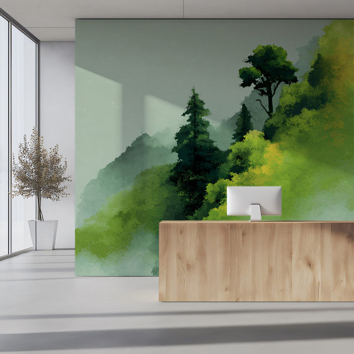 Misty Mountain Mural Wallpaper | Serene Abstract Landscape