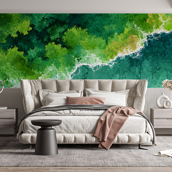 Abstract Ocean Mural Wallpaper | Vibrant Aerial Forest and Waves