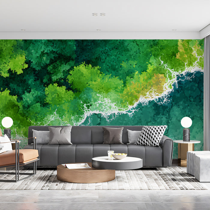 Abstract Ocean Mural Wallpaper | Vibrant Aerial Forest and Waves