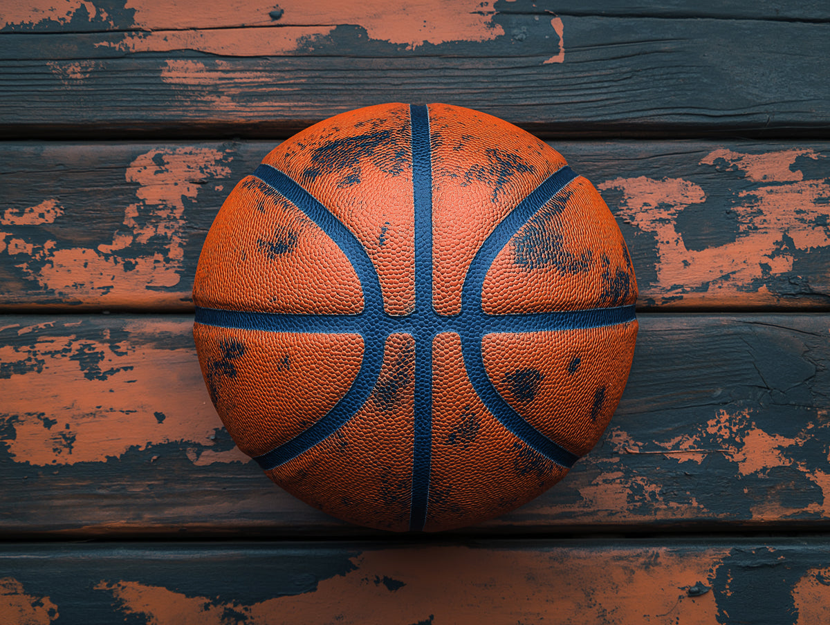 Rustic Basketball Mural Wallpaper in Bedroom | Orange, Blue, and Brown Basketball
