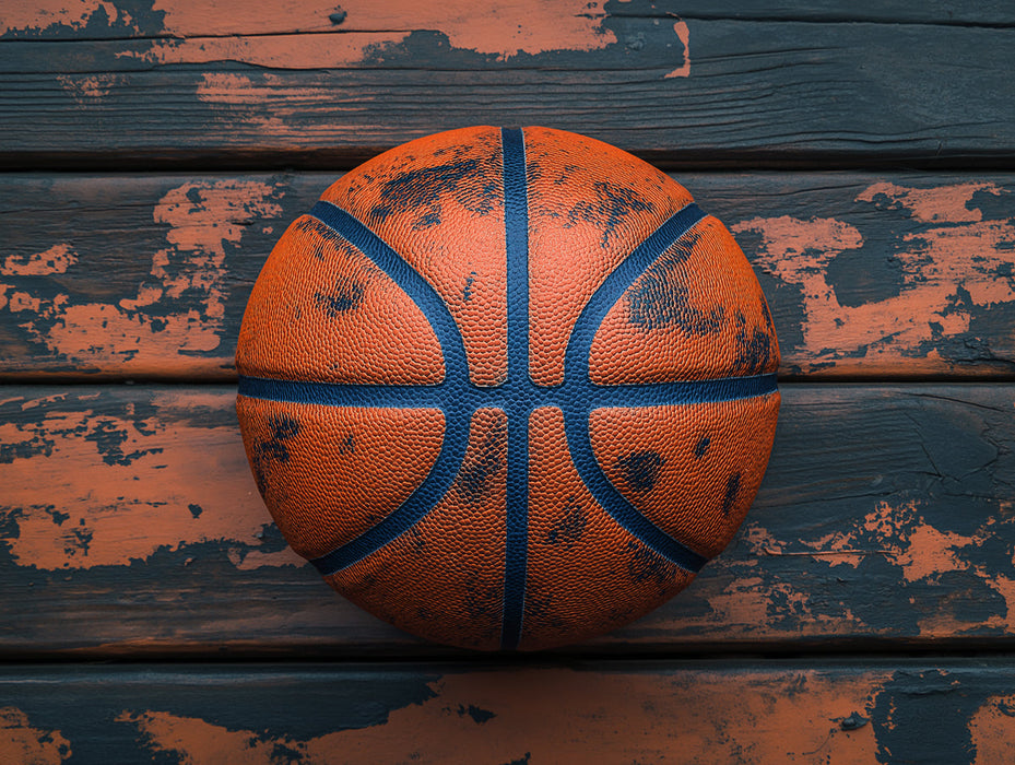 Rustic Basketball Mural Wallpaper in Bedroom | Orange, Blue, and Brown Basketball