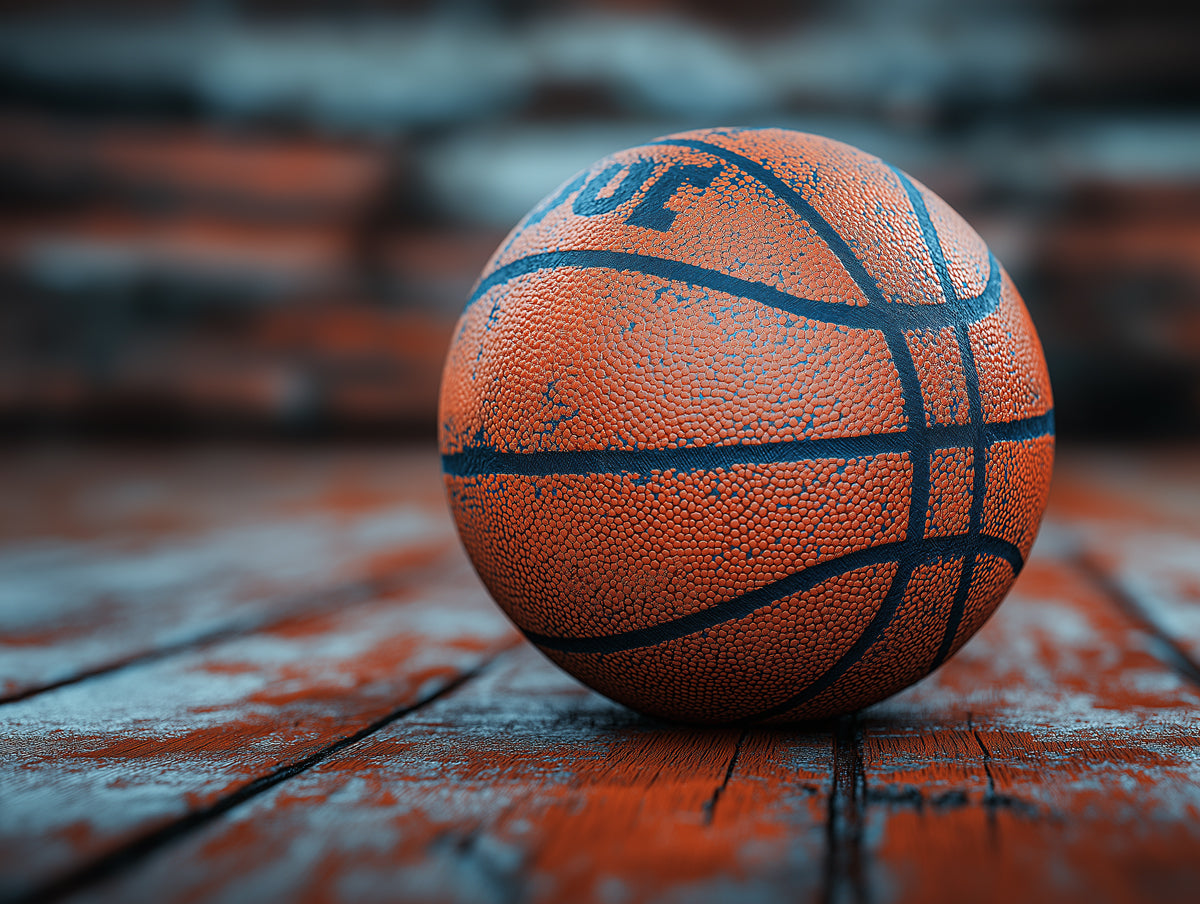 Rustic Basketball Mural Wallpaper in Bedroom | Orange, Blue, and Brown Basketball