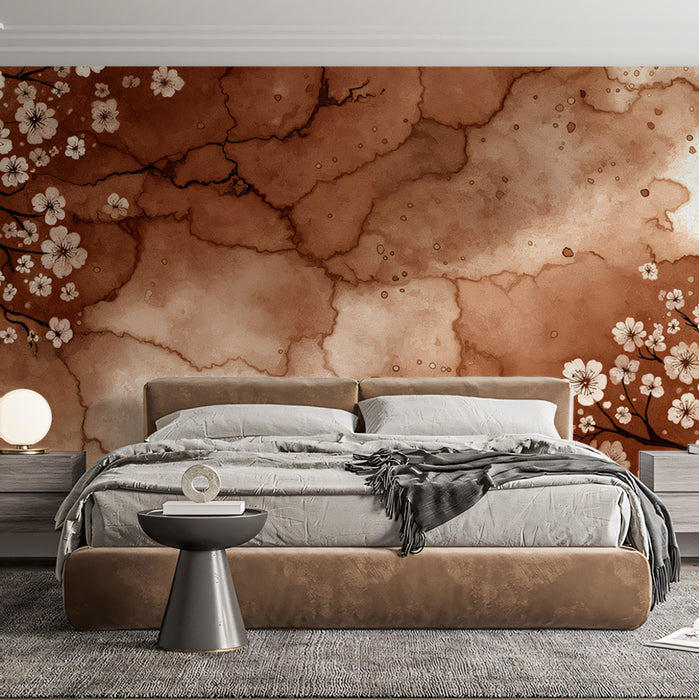 Wabi-Sabi Cherry Blossom Mural Wallpaper | Rustic Cracks & Flowers