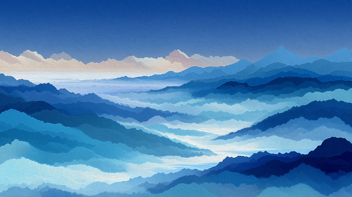 Blue Mountain Mural Wallpaper | Serene Oil Painted Landscape