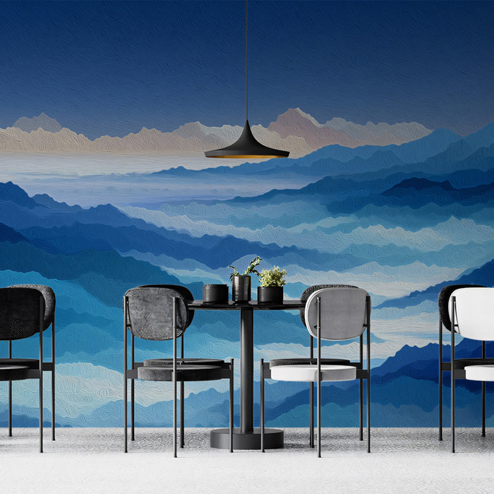 Blue Mountain Mural Wallpaper | Serene Oil Painted Landscape