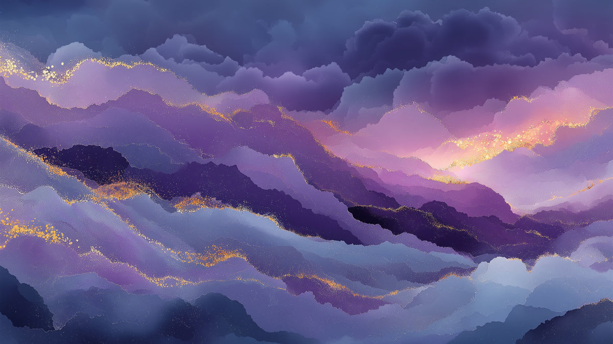 Celestial Purple Mural Wallpaper | Abstract Gold Mountains and Clouds