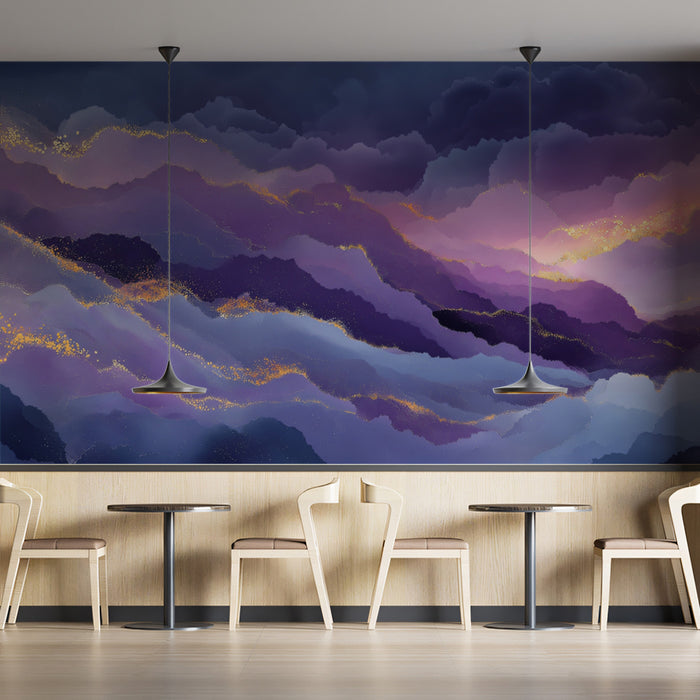 Celestial Purple Mural Wallpaper | Abstract Gold Mountains and Clouds