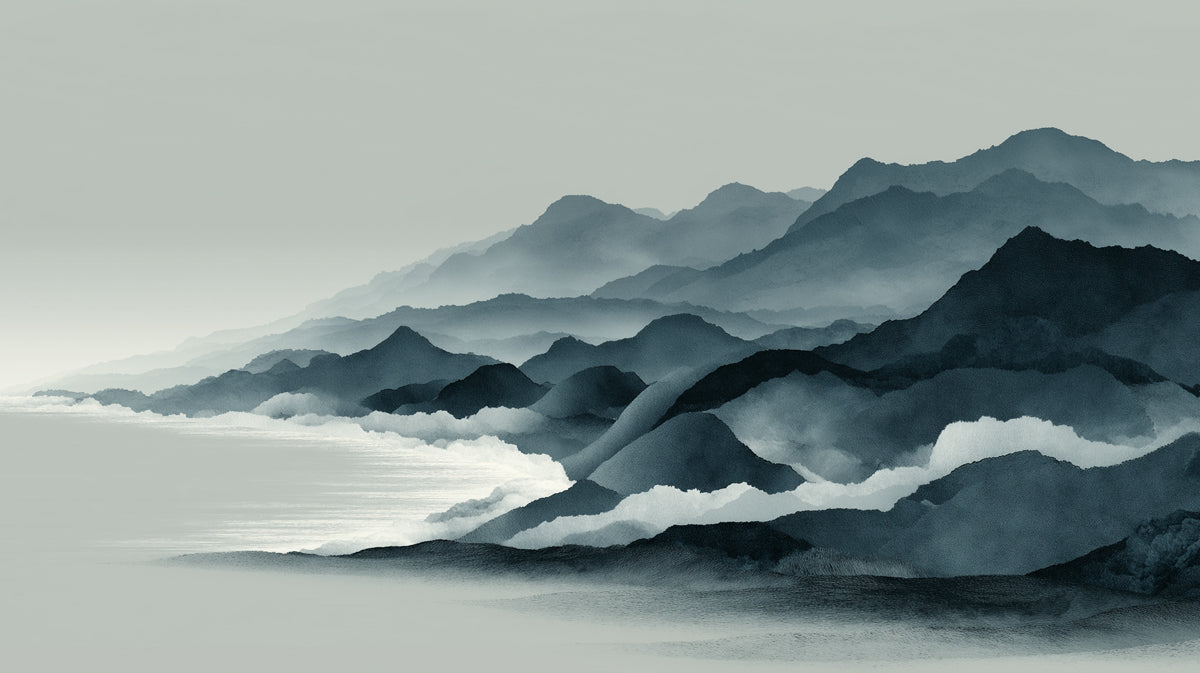 Monochromatic Ink Wash Mural Wallpaper | Serene Misty Mountain Landscape