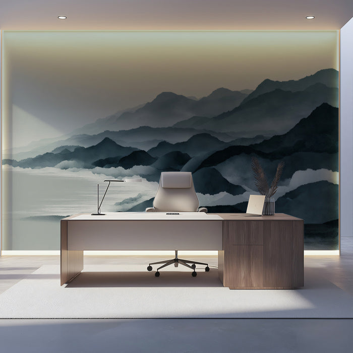 Monochromatic Ink Wash Mural Wallpaper | Serene Misty Mountain Landscape