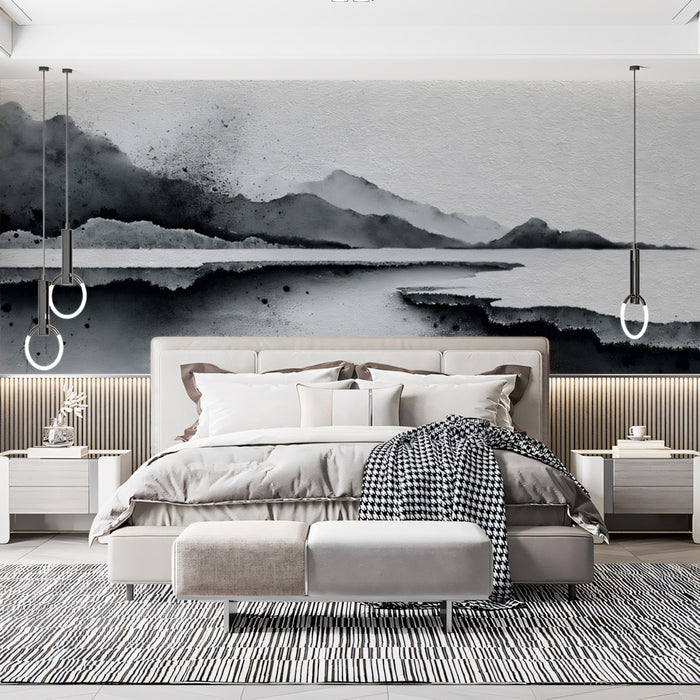 Black and White Ink Art Mural Wallpaper | Dramatic Landscape