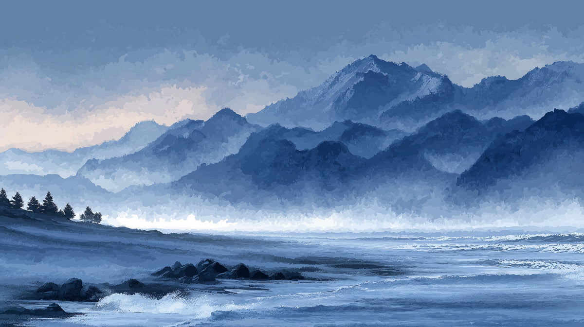 Serene Blue Coastal Mural Wallpaper | Misty Mountains and Ocean Waves