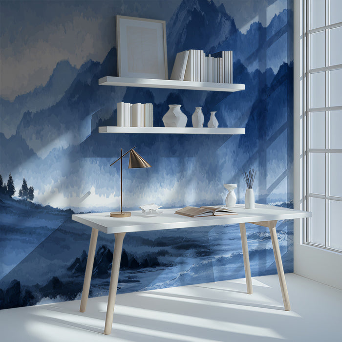 Serene Blue Coastal Mural Wallpaper | Misty Mountains and Ocean Waves