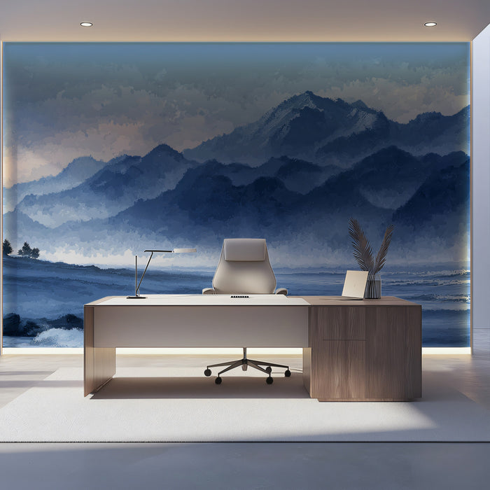 Serene Blue Coastal Mural Wallpaper | Misty Mountains and Ocean Waves