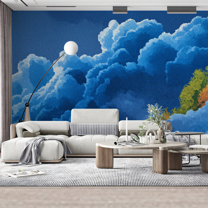 Abstract Floating Island Mural Wallpaper | Whimsical Blue Sky and Clouds