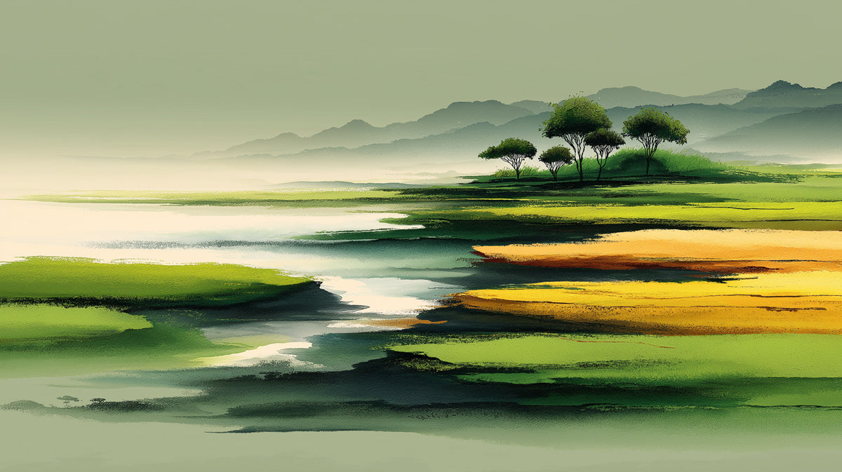 Serene Green Mural Wallpaper | Abstract Pastoral Landscape