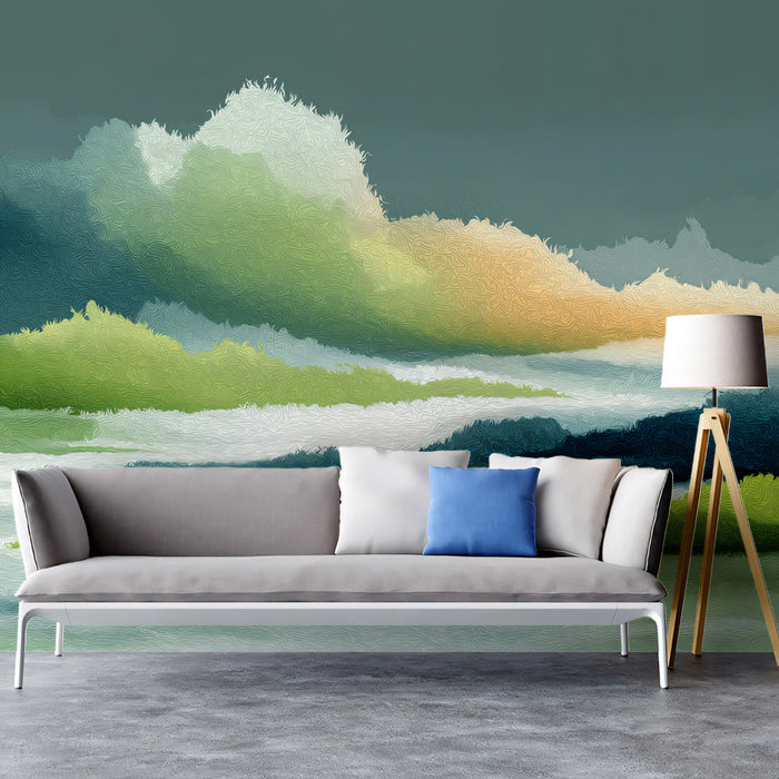 Abstract Cloudscape Mural Wallpaper | Green and Blue Textured Art