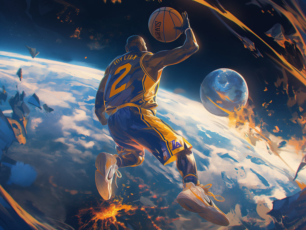 Basketball Player in Space Mural Wallpaper in Bedroom | Blue, Yellow, and Various Colors of Basketball Player