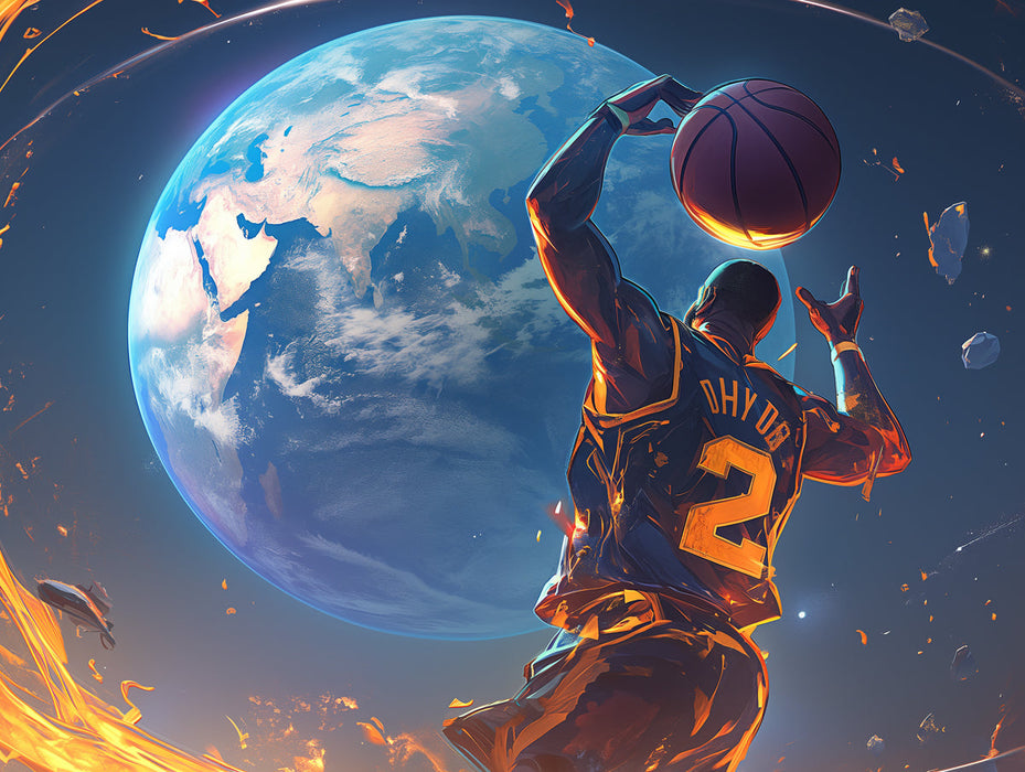 Basketball Player in Space Mural Wallpaper in Bedroom | Blue, Yellow, and Various Colors of Basketball Player