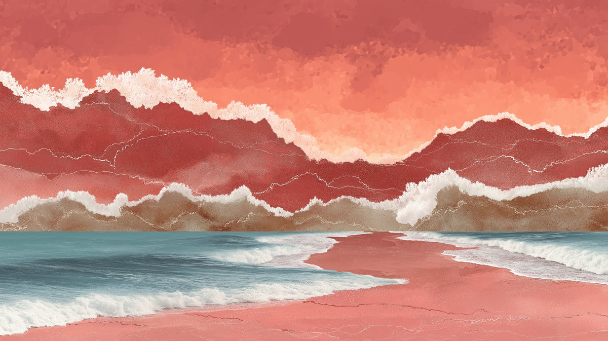 Surreal Coastal Mural Wallpaper | Abstract Pink Beach and Ocean