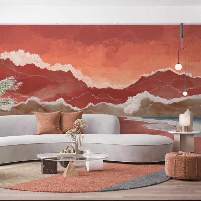 Surreal Coastal Mural Wallpaper | Abstract Pink Beach and Ocean