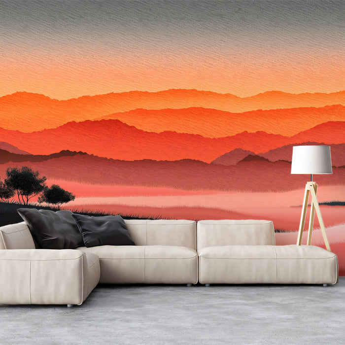 Retro Sunset Mural Wallpaper | Layered Abstract Landscape