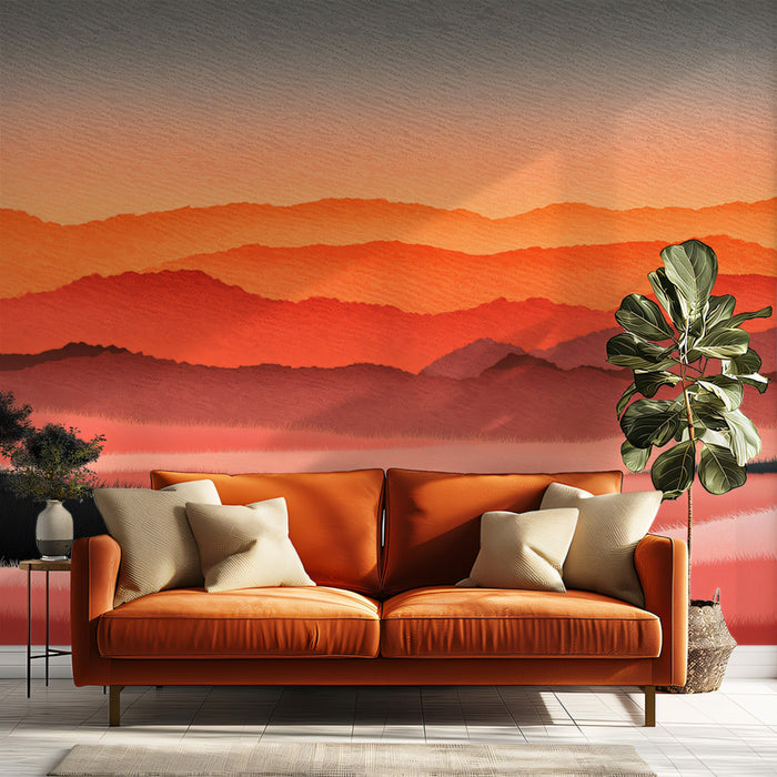 Retro Sunset Mural Wallpaper | Layered Abstract Landscape