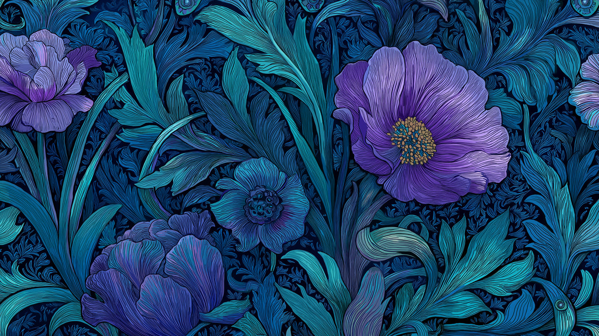 Art Nouveau Floral Mural Wallpaper | Luxurious Blue and Purple