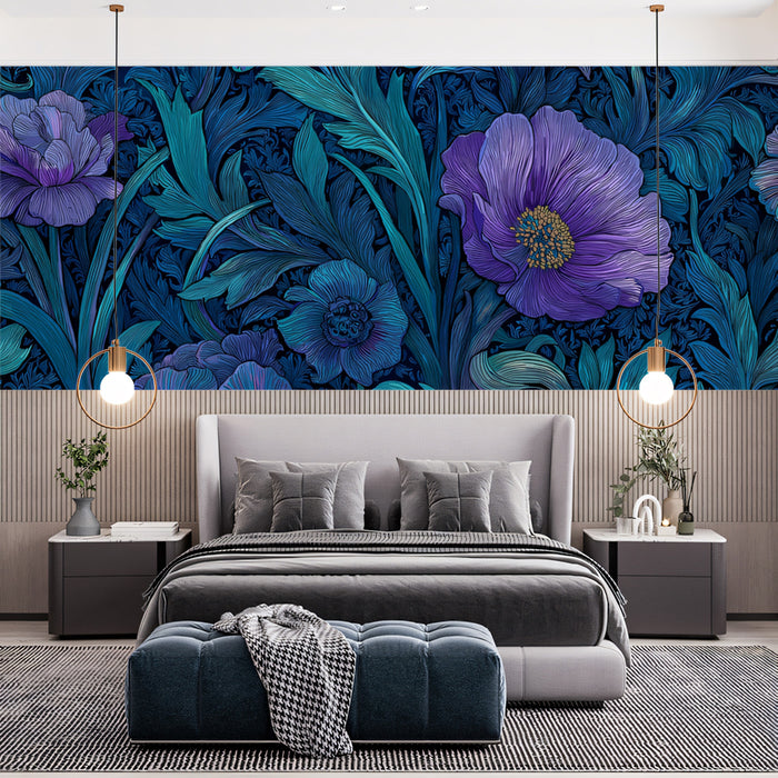 Art Nouveau Floral Mural Wallpaper | Luxurious Blue and Purple