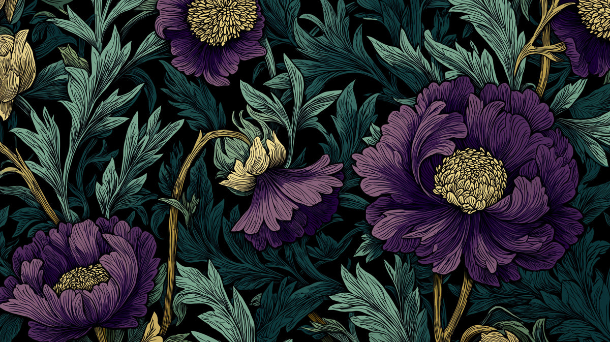 Classic Botanical Mural Wallpaper | Vintage Purple and Gold Floral