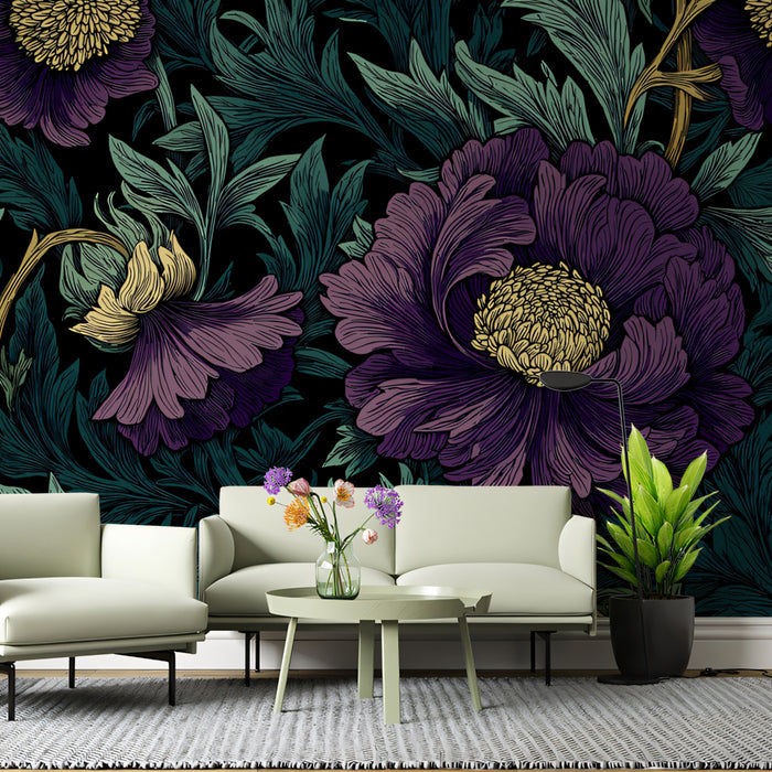 Classic Botanical Mural Wallpaper | Vintage Purple and Gold Floral
