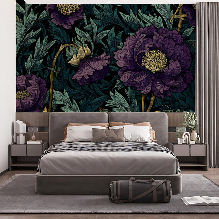 Classic Botanical Mural Wallpaper | Vintage Purple and Gold Floral