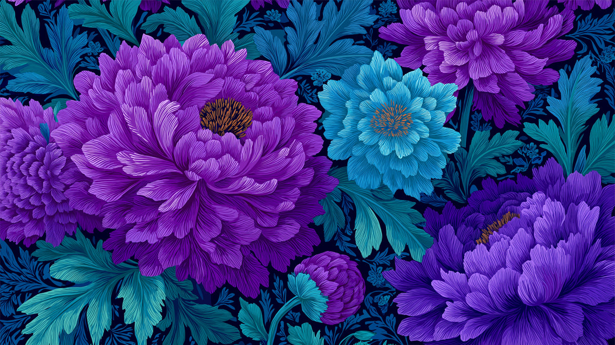 Modern Floral Mural Wallpaper | Vibrant Purple and Blue