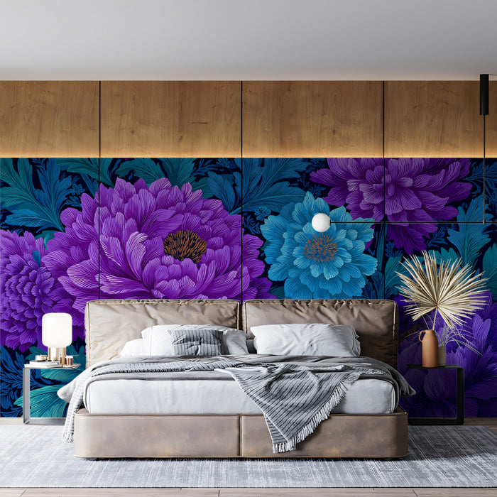 Modern Floral Mural Wallpaper | Vibrant Purple and Blue