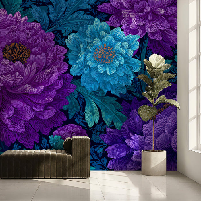 Modern Floral Mural Wallpaper | Vibrant Purple and Blue