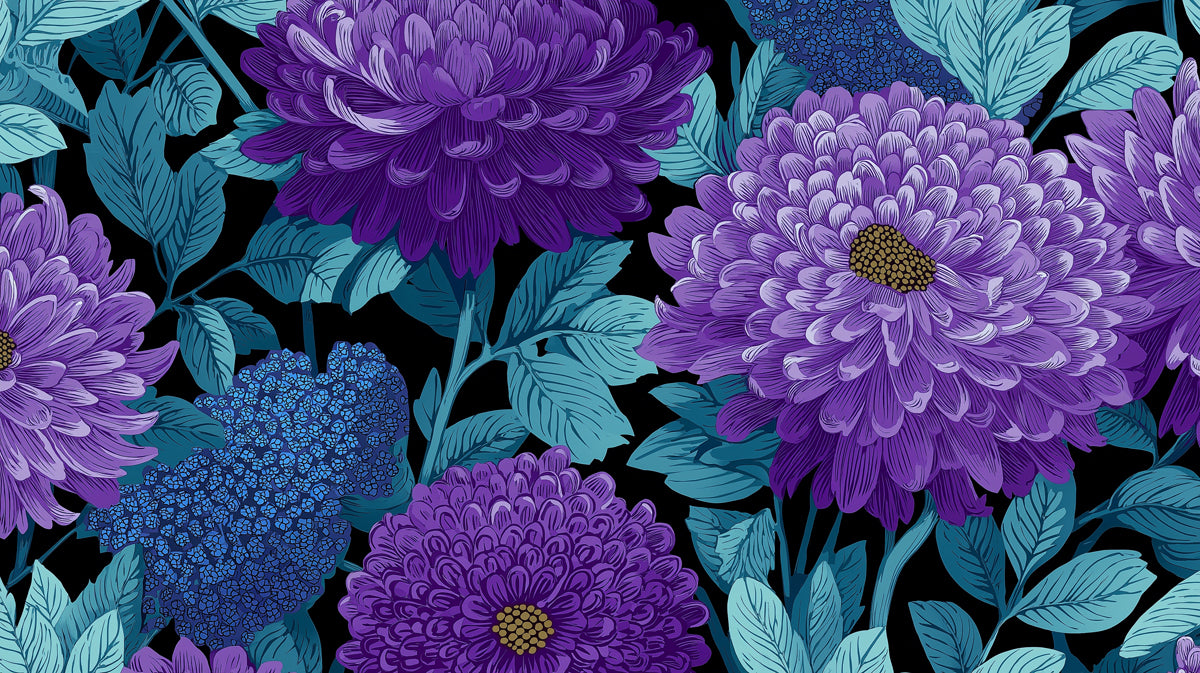 Bold Floral Mural Wallpaper | Dramatic Purple Chrysanthemums