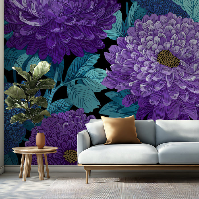 Bold Floral Mural Wallpaper | Dramatic Purple Chrysanthemums
