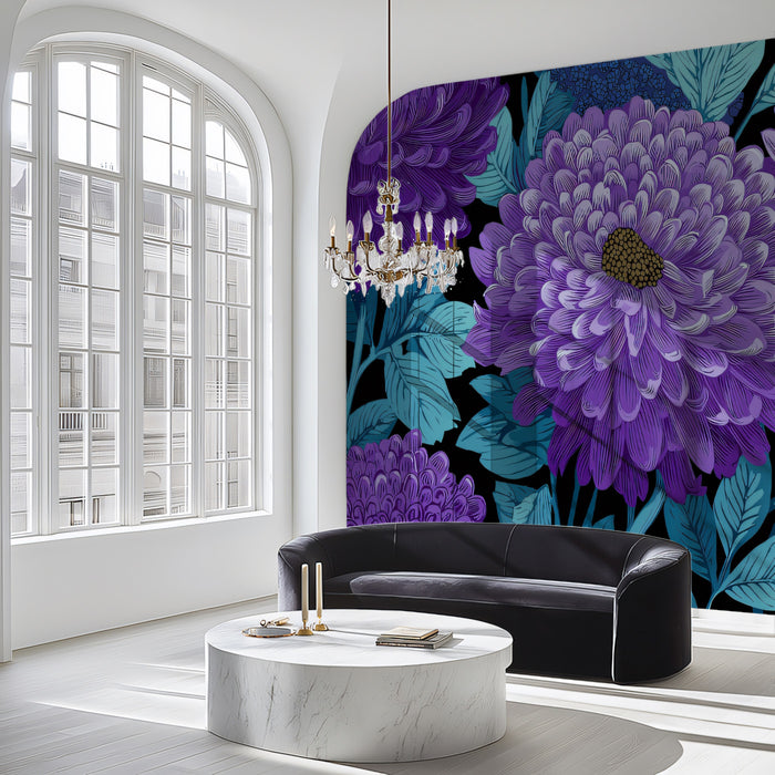 Bold Floral Mural Wallpaper | Dramatic Purple Chrysanthemums
