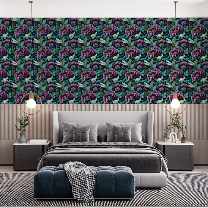 Classic Floral Mural Wallpaper | Vintage Purple and Teal Pattern