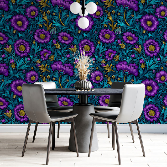 Vibrant Floral Mural Wallpaper | Modern Purple and Teal