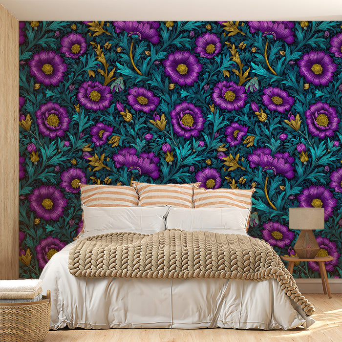 Vibrant Floral Mural Wallpaper | Modern Purple and Teal