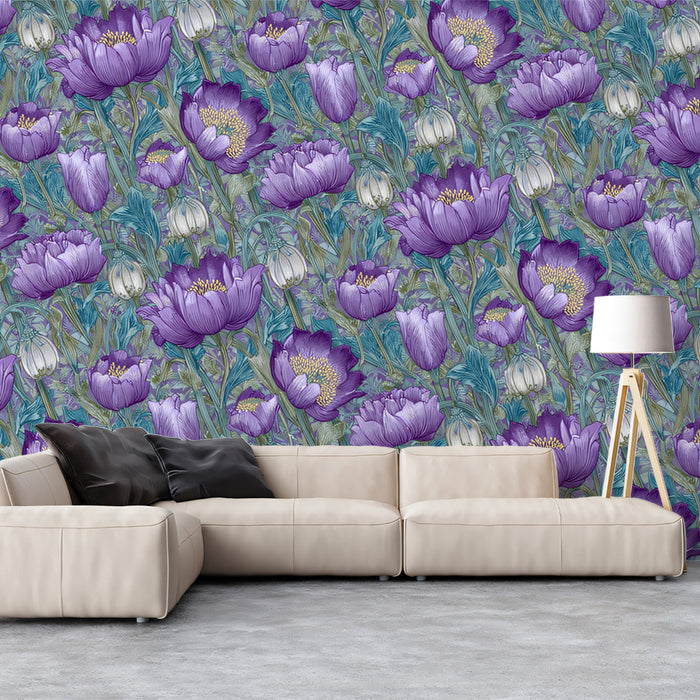 Serene Floral Mural Wallpaper | Light Purple and Green