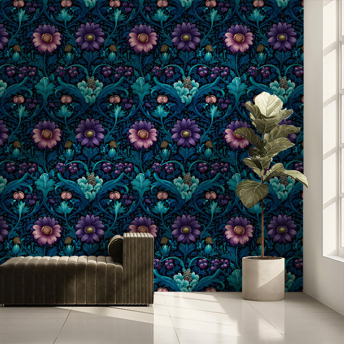 Moody Floral Mural Wallpaper | Dark Blue and Purple