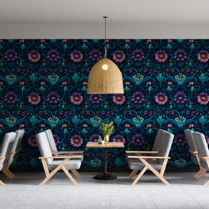 Moody Floral Mural Wallpaper | Dark Blue and Purple