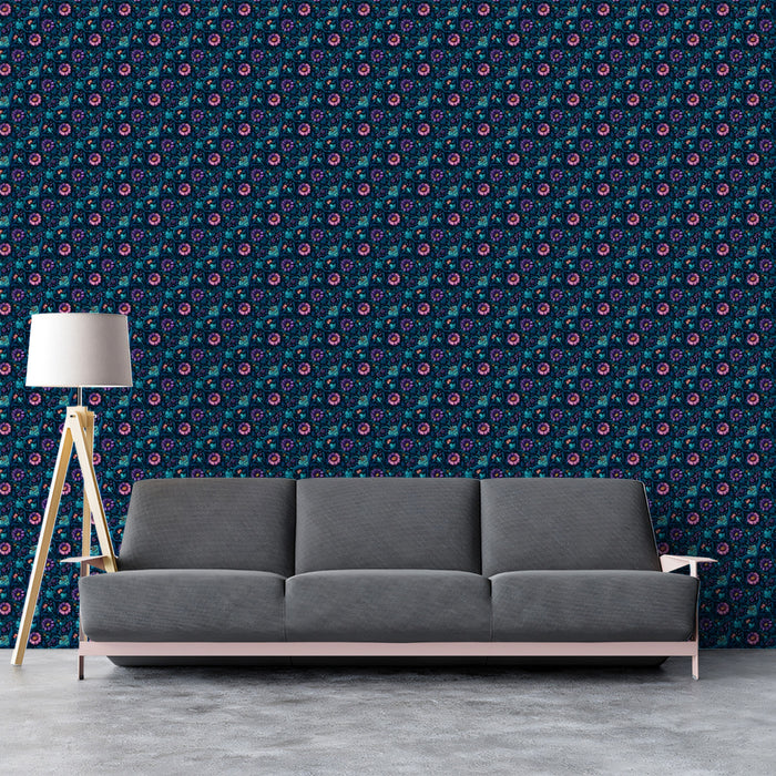 Micro Floral Mural Wallpaper | Delicate Purple and Teal Pattern