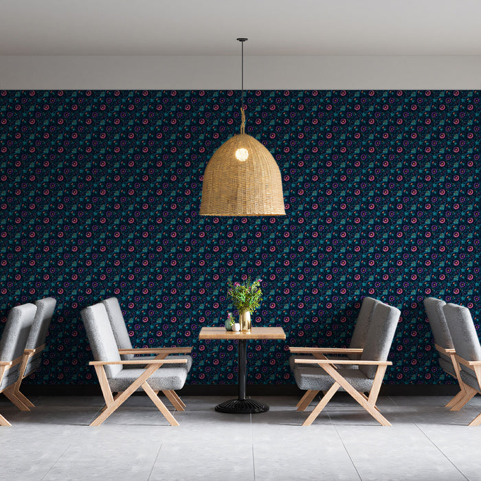 Micro Floral Mural Wallpaper | Delicate Purple and Teal Pattern