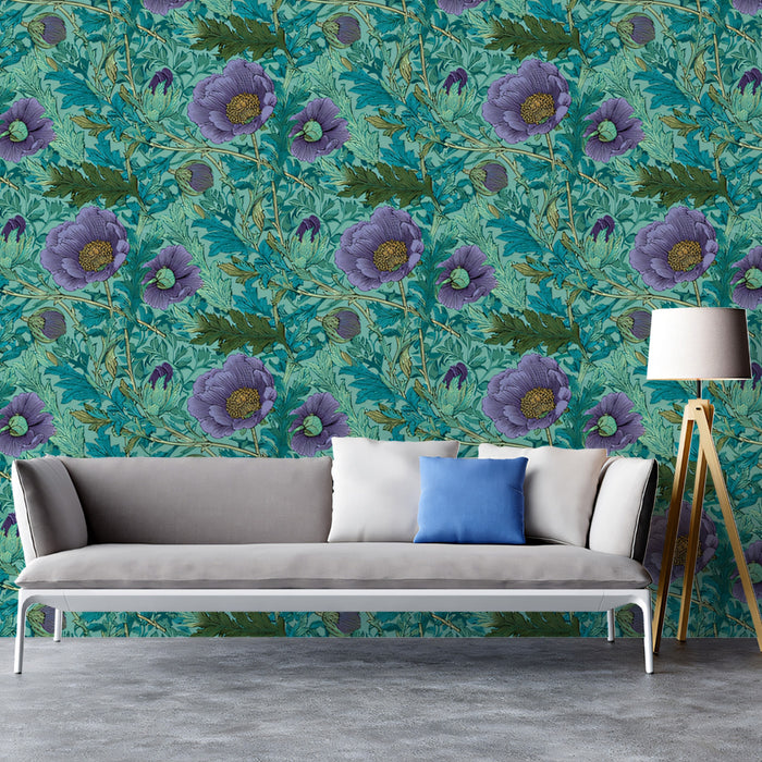 Vibrant Botanical Mural Wallpaper | Purple and Teal Floral Pattern