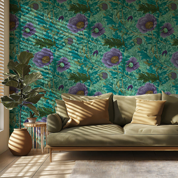 Vibrant Botanical Mural Wallpaper | Purple and Teal Floral Pattern