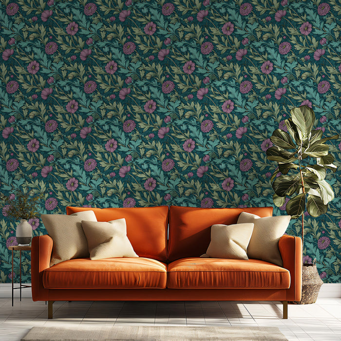 Muted Floral Mural Wallpaper | Vintage Purple and Blue Pattern