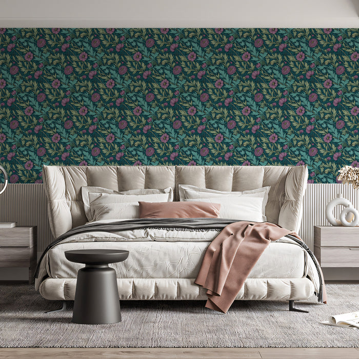 Muted Floral Mural Wallpaper | Vintage Purple and Blue Pattern